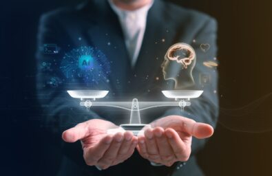 Businessman,Holding,A,Balanced,Scale,Between,Artificial,Intelligence,And,Human